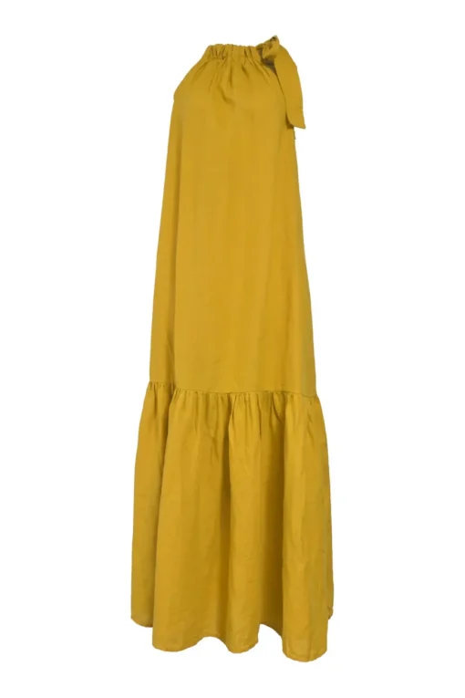 Mustard yellow draped organic linen Grecian neck swing-style shift dress with gathered neckline and self-tie fastening at nape