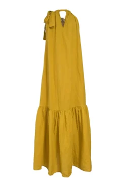 Mustard yellow draped organic linen Grecian neck swing-style shift dress with gathered neckline and self-tie fastening at nape