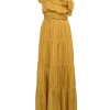 Mustard yellow draped silk one-shoulder Daydream tiered gown with raw-edge ruffle bodice