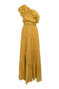 Mustard yellow draped silk one-shoulder Daydream tiered gown with raw-edge ruffle bodice