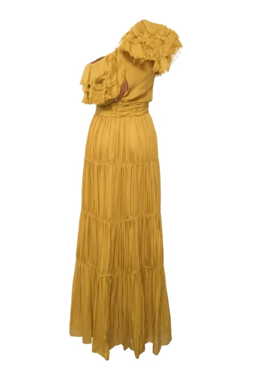 Mustard yellow draped silk one-shoulder Daydream tiered gown with raw-edge ruffle bodice