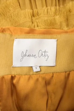 Mustard yellow draped silk one-shoulder Daydream tiered gown with raw-edge ruffle bodice