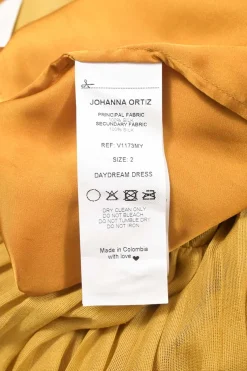 Mustard yellow draped silk one-shoulder Daydream tiered gown with raw-edge ruffle bodice