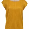 Mustard yellow plissé polyester cap-sleeve top