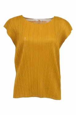 Mustard yellow plissé polyester cap-sleeve top