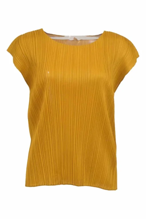 Mustard yellow plissé polyester cap-sleeve top