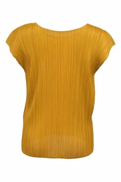 Mustard yellow plissé polyester cap-sleeve top