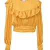 Mustard yellow polyester Bertha bib open-back ruffle blouse with draped waistband and sleeve cuffs
