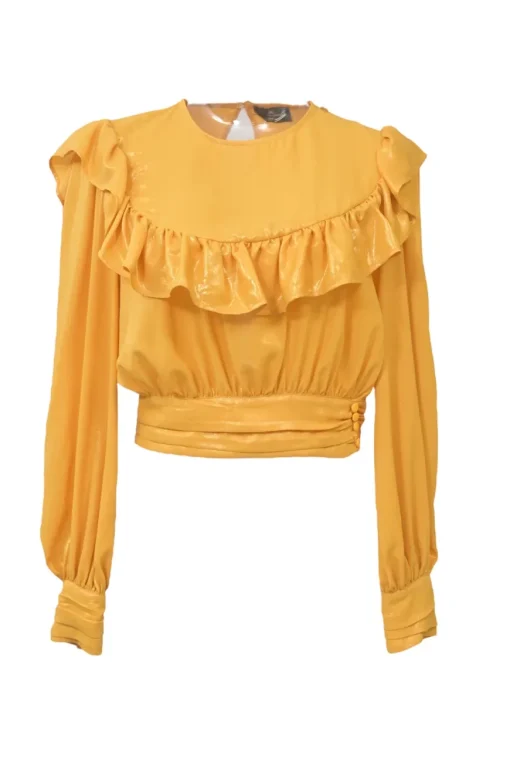 Mustard yellow polyester Bertha bib open-back ruffle blouse with draped waistband and sleeve cuffs