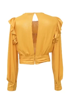 Mustard yellow polyester Bertha bib open-back ruffle blouse with draped waistband and sleeve cuffs