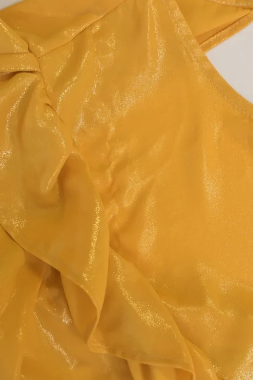 Mustard yellow polyester Bertha bib open-back ruffle blouse with draped waistband and sleeve cuffs