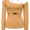 Mustard yellow viscose-polyamide layered ribbed knit La Maille Figuerolles off-the-shoulder long sleeve top with cut-out detailing