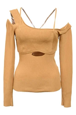 Mustard yellow viscose-polyamide layered ribbed knit La Maille Figuerolles off-the-shoulder long sleeve top with cut-out detailing