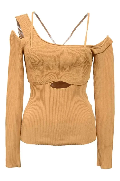 Mustard yellow viscose-polyamide layered ribbed knit La Maille Figuerolles off-the-shoulder long sleeve top with cut-out detailing
