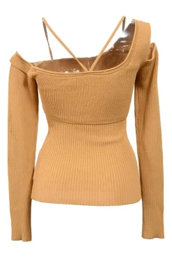 Mustard yellow viscose-polyamide layered ribbed knit La Maille Figuerolles off-the-shoulder long sleeve top with cut-out detailing