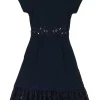 Navy acetate-blend scallop guipure lace-trimmed short sleeve A-line dress with floating empire waist panel
