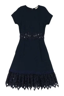 Navy acetate-blend scallop guipure lace-trimmed short sleeve A-line dress with floating empire waist panel