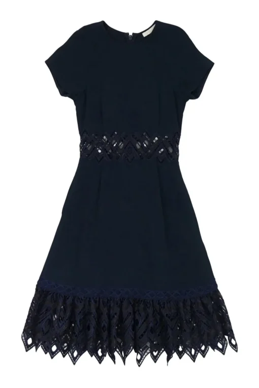 Navy acetate-blend scallop guipure lace-trimmed short sleeve A-line dress with floating empire waist panel
