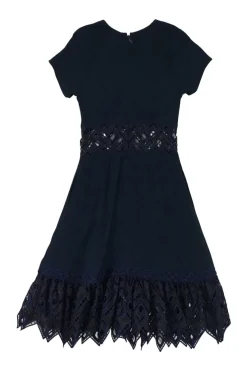 Navy acetate-blend scallop guipure lace-trimmed short sleeve A-line dress with floating empire waist panel