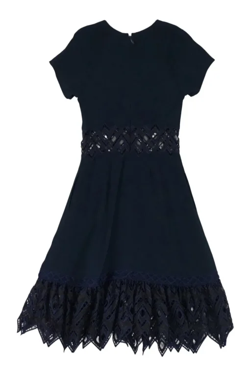 Navy acetate-blend scallop guipure lace-trimmed short sleeve A-line dress with floating empire waist panel