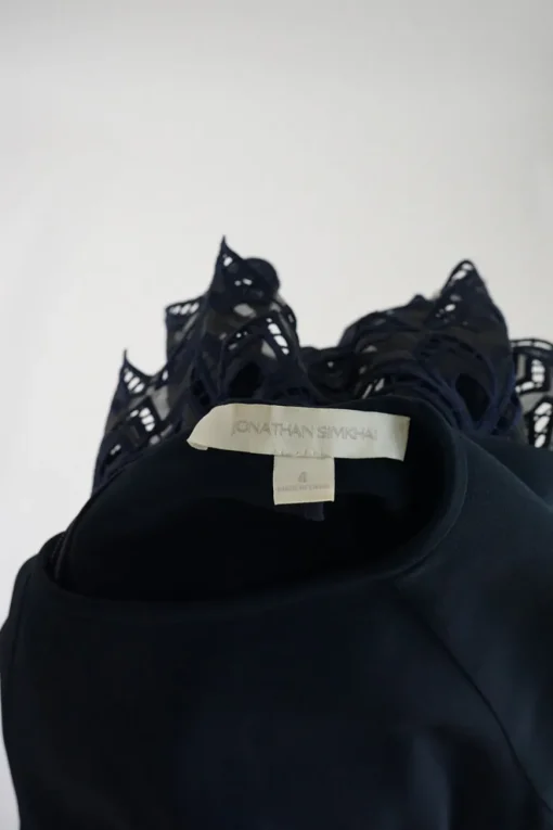 Navy acetate-blend scallop guipure lace-trimmed short sleeve A-line dress with floating empire waist panel