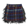 Navy alpaca-blend brushed Glen check wrap-front fringed mini skirt with pull tab belt