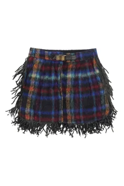 Navy alpaca-blend brushed Glen check wrap-front fringed mini skirt with pull tab belt