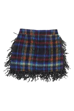 Navy alpaca-blend brushed Glen check wrap-front fringed mini skirt with pull tab belt