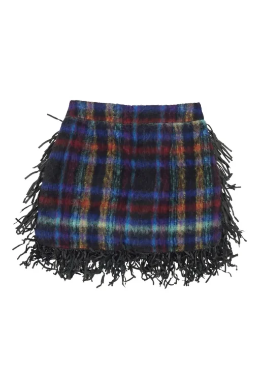 Navy alpaca-blend brushed Glen check wrap-front fringed mini skirt with pull tab belt