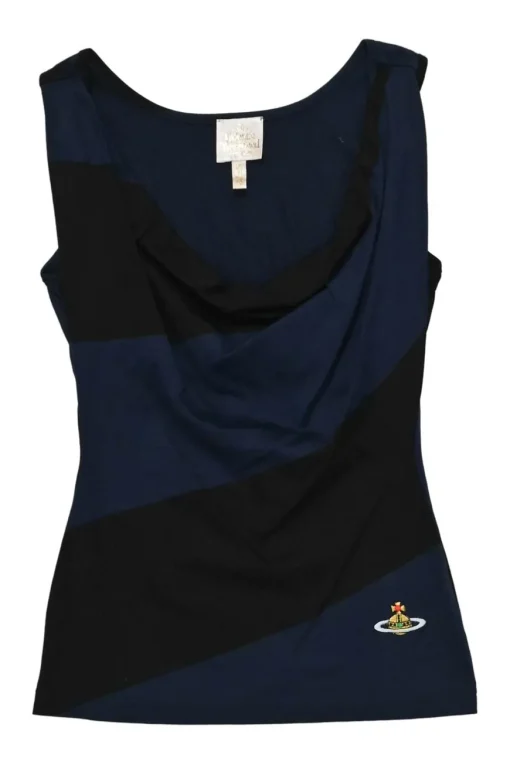Navy and black cocotte style tank top with orb broderie appliqué