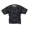 Navy and black fringe-trimmed polyester mixed-media crewneck pullover dolman sleeve tunic top