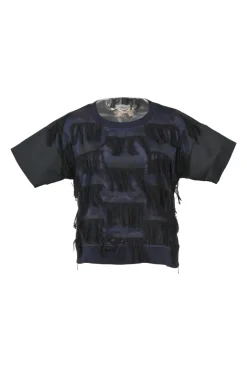 Navy and black fringe-trimmed polyester mixed-media crewneck pullover dolman sleeve tunic top