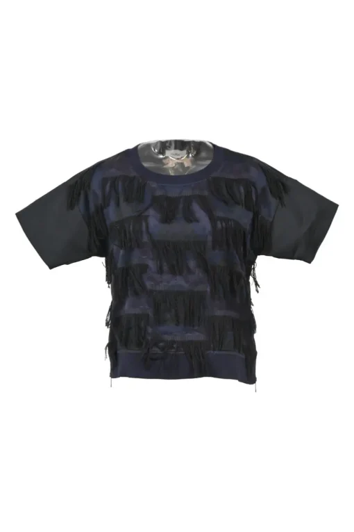 Navy and black fringe-trimmed polyester mixed-media crewneck pullover dolman sleeve tunic top