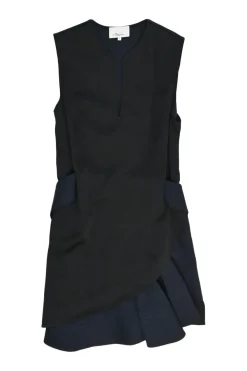 Navy and black paneled acetate-blend belted Y-collar mini dress with tulip hem