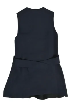 Navy and black paneled acetate-blend belted Y-collar mini dress with tulip hem