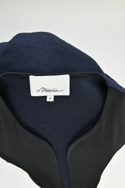 Navy and black paneled acetate-blend belted Y-collar mini dress with tulip hem