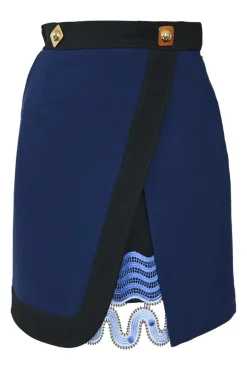 Navy and black wool crêpe wrap-front apron-style peek-a-boo mini skirt with scalloped cutout edge trim insert