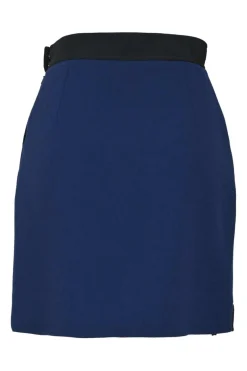 Navy and black wool crêpe wrap-front apron-style peek-a-boo mini skirt with scalloped cutout edge trim insert