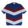Navy and burgundy virgin wool fully-fashioned intarsia stripe knit crew neck pullover short sleeve top