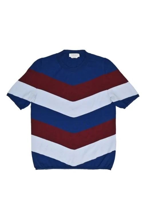 Navy and burgundy virgin wool fully-fashioned intarsia stripe knit crew neck pullover short sleeve top