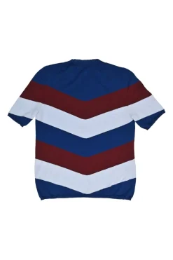 Navy and burgundy virgin wool fully-fashioned intarsia stripe knit crew neck pullover short sleeve top