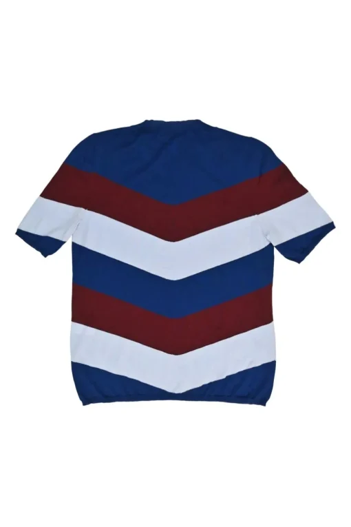 Navy and burgundy virgin wool fully-fashioned intarsia stripe knit crew neck pullover short sleeve top