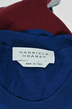 Navy and burgundy virgin wool fully-fashioned intarsia stripe knit crew neck pullover short sleeve top