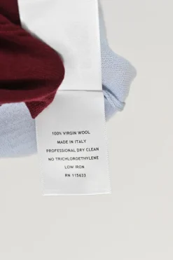 Navy and burgundy virgin wool fully-fashioned intarsia stripe knit crew neck pullover short sleeve top
