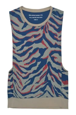 Navy and charcoal screen-printed cotton jersey drop muscle tank featuring graphic tiger motif