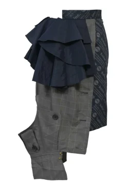 Navy and charcoal upcycled polyester-blend mixed-media asymmetric pencil skirt with ruffled hip sash