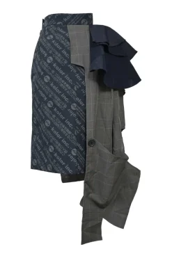 Navy and charcoal upcycled polyester-blend mixed-media asymmetric pencil skirt with ruffled hip sash