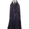 Navy and copper cotton-blend metallic stripe jacquard drop waist halter pullover shift dress with nape tassels
