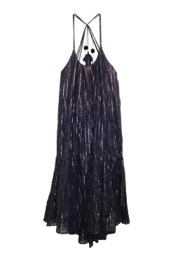 Navy and copper cotton-blend metallic stripe jacquard drop waist halter pullover shift dress with nape tassels