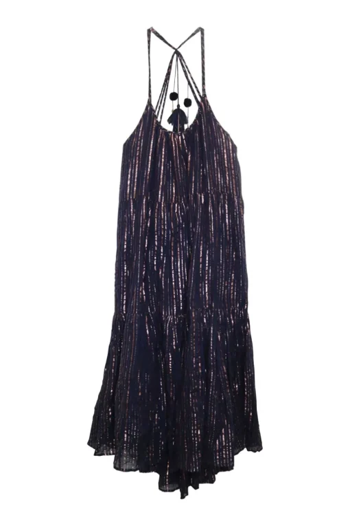 Navy and copper cotton-blend metallic stripe jacquard drop waist halter pullover shift dress with nape tassels
